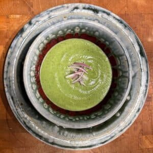 creamy broccoli soup in a red and gray pottery bowl garnished with red onion slivers