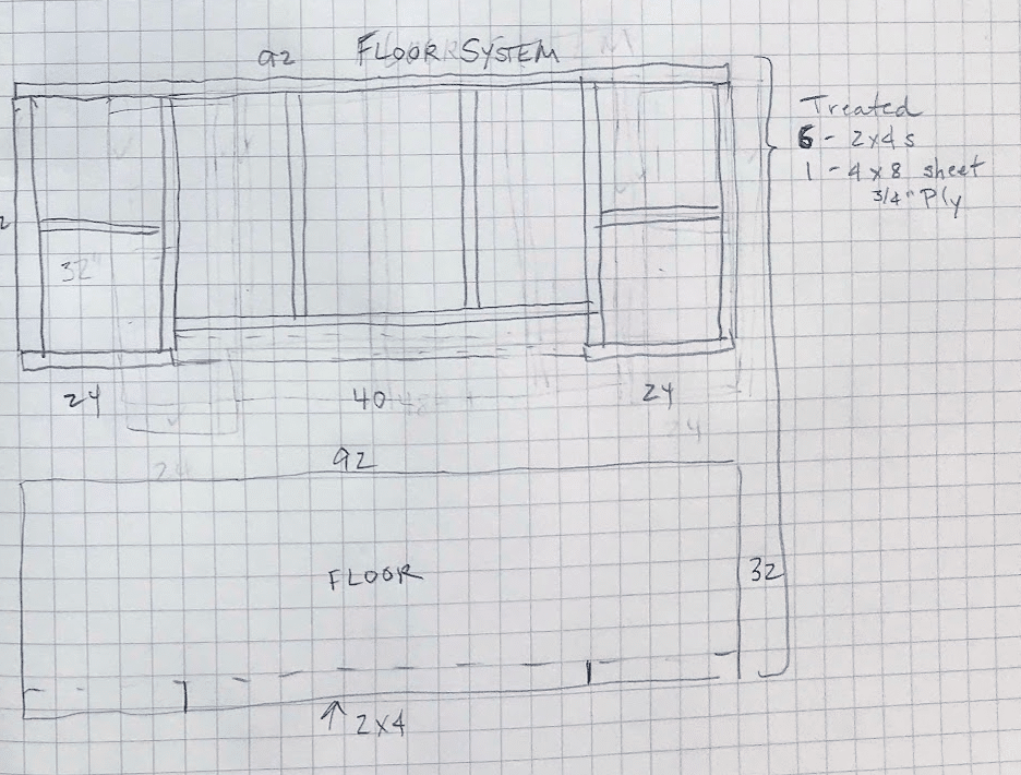 drawing on graph paper shows the plan for the floor system of my shed