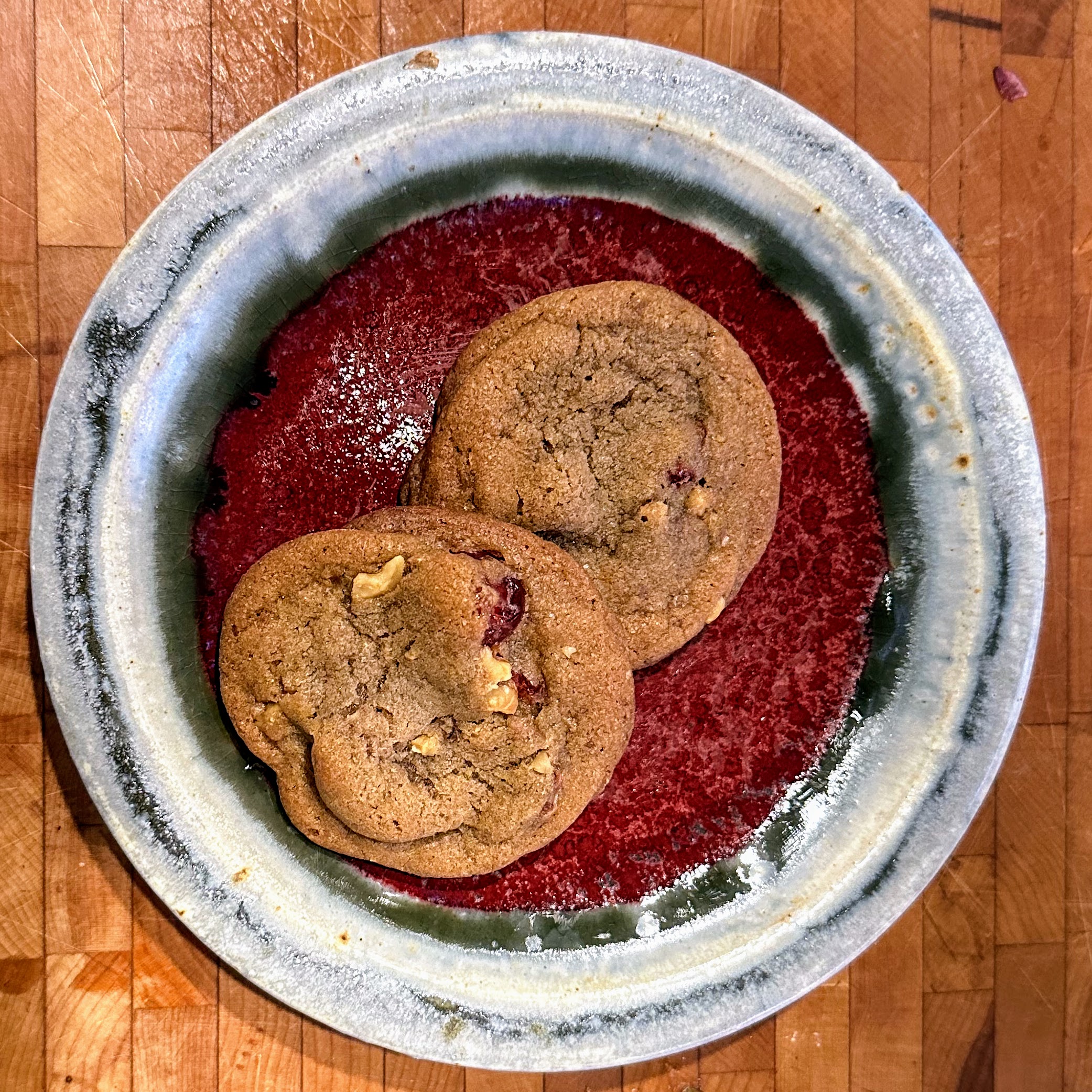 Cherry Cookies on a red and gray plate. The recipe came from Rike's Department Store in Dayton, Ohio. Grams got the recipe from their bakers. 