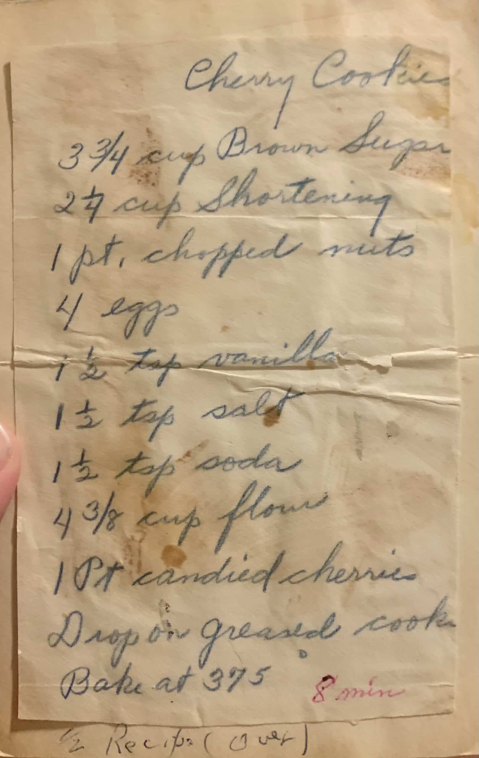 Original recipe card written by my grandmother, Freda Ramsey from a recipe she got from the bakers at Rike's Department Store bakery in Dayton, Ohio.