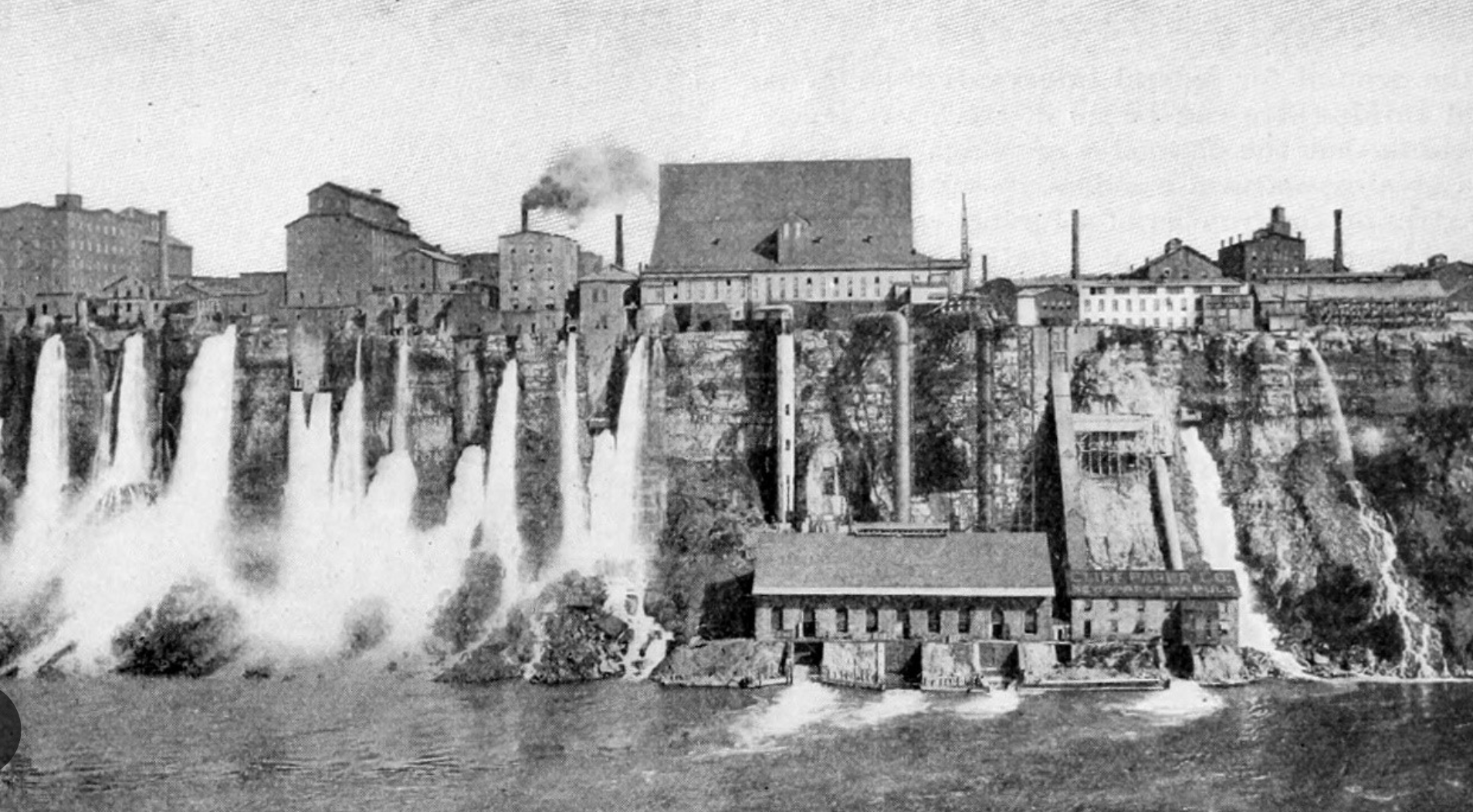 black and white photo of Niagara Gorge "inflicted" by mills and industrialization