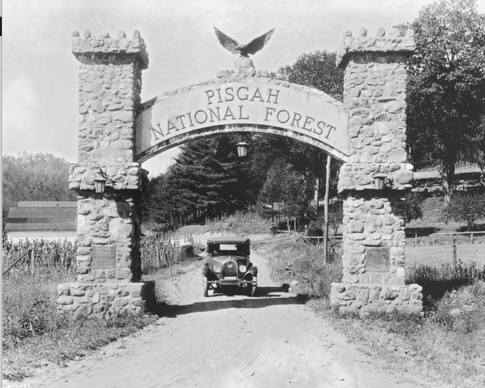 stone arched entrance to Pisgah National Forest with a 1920s vintage automobile passing under it. The entrance looked this way from 1916 to 1936