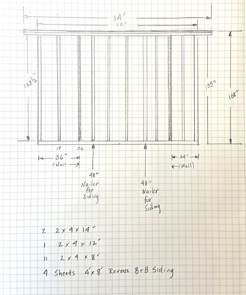 Framing plan for the back wall of the shed