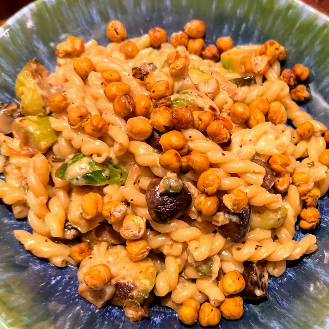 Caramelized Brussels and Mushrooms Pasta with Smoked Gouda and Crispy Chickpeas