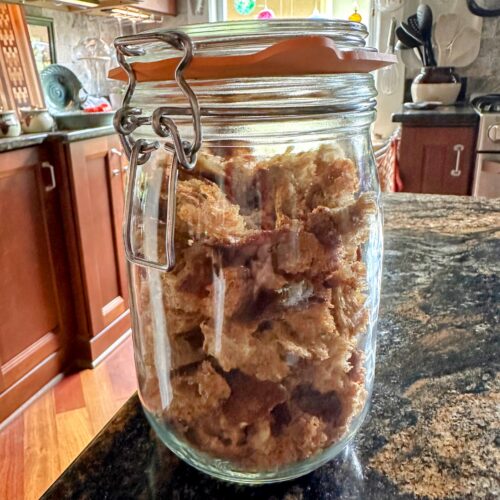 A jar of homemade croutons