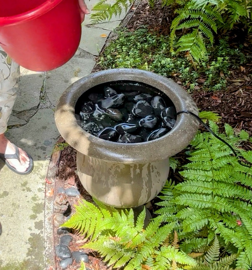 Stones positioned to completely cover the bottom and edges of the saucer